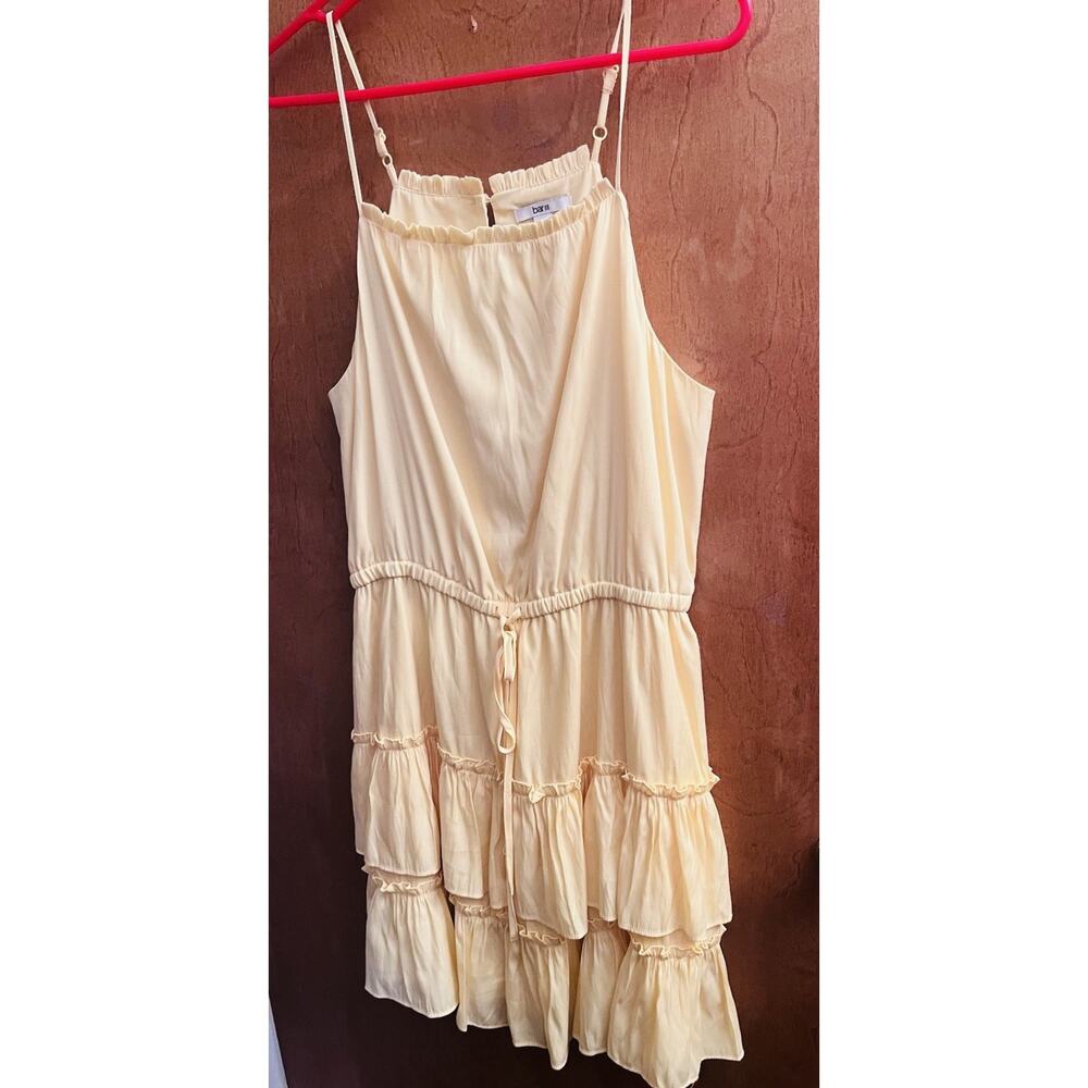 BAR III Women’s Yellow Tiered Blouson Fairy Sun Dress Size L Summer Keyhole